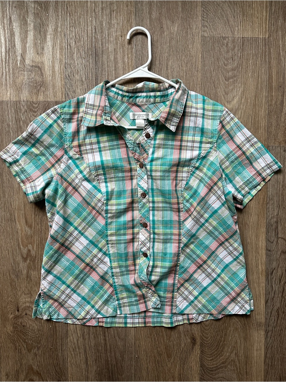 Christopher & Banks Petite Large Plaid Blouse Short Sleeve Button Up Green Pink